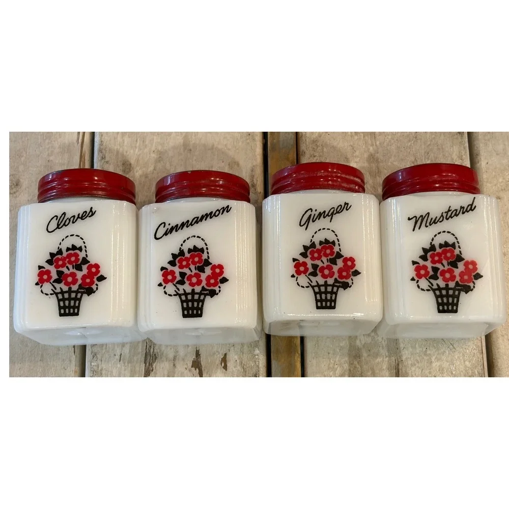 Vintage TIPP USA Milk Glass Spice Jar Set 8pc Red Lids Floral Basket Rack